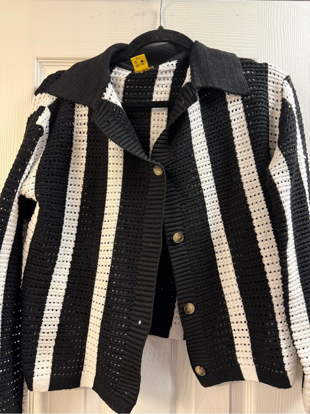 Daisy Black and White Striped Crochet Button-Up Jacket